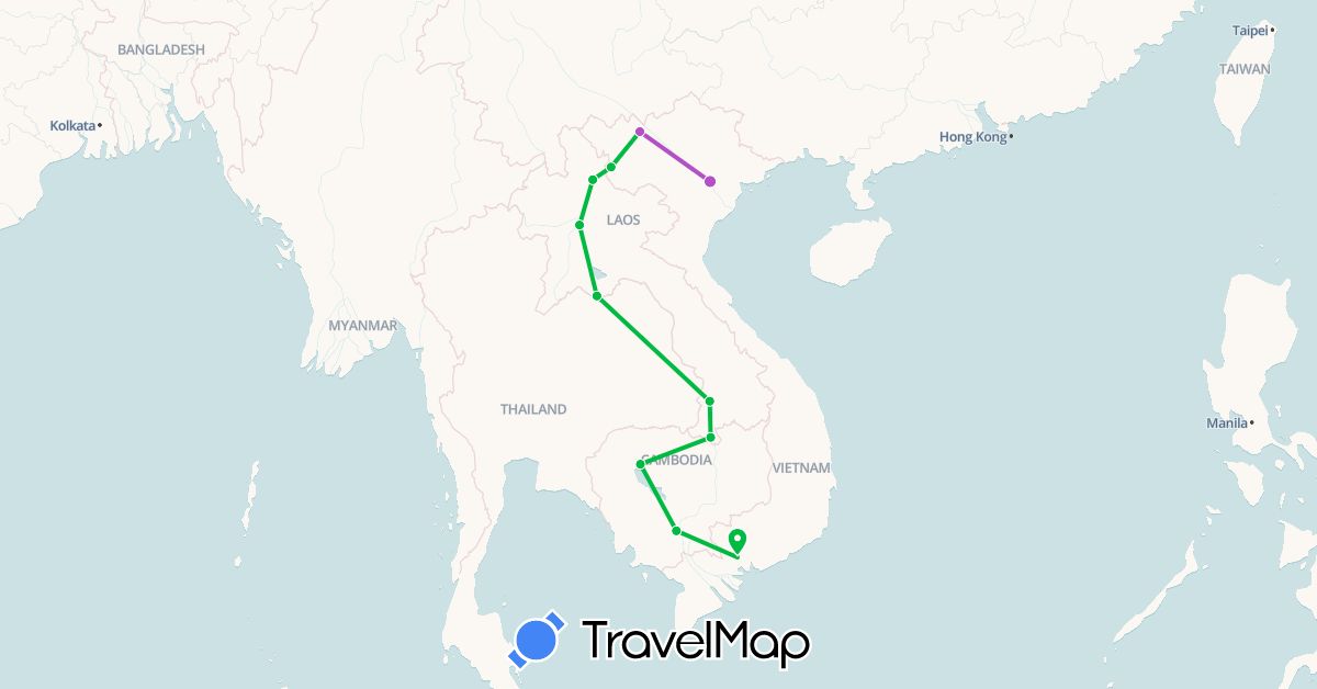 TravelMap itinerary: driving, bus, train in Cambodia, Laos, Vietnam (Asia)